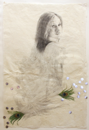 FELICIA IV, ZEICHNUNG UND COLLAGE AUF JAPANPAPIER, 75 X 50 CM